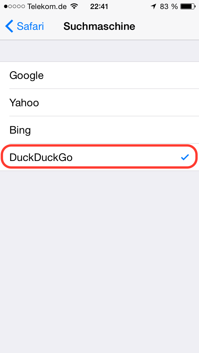 iOS 8 DuckDuckGo als StandardSuchmaschine in Safari auf dem iPhone